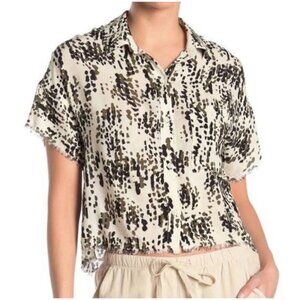 Philosophy S Abstract Jungle Dot Rayon Button Up Shirt Frayed Hem Crop‎ Top
